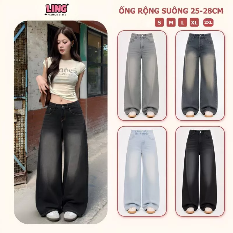 Quần Jeans Ống Suông Rộng Wash RETRO LingLing Cạp Cao Tôn Dáng, Quần Bò Dài Wash Ống Rộng Tôn Dáng Nam Nữ