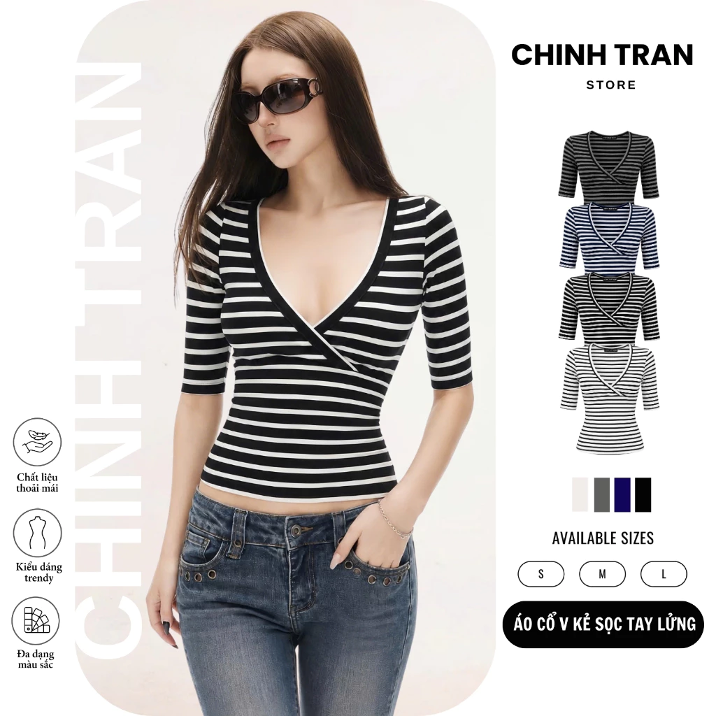Áo Thun Nữ Tay Lửng Cổ Đắp Chéo Kẻ Sọc Ngang Dáng Ôm Body CHINH TRẦN STORE