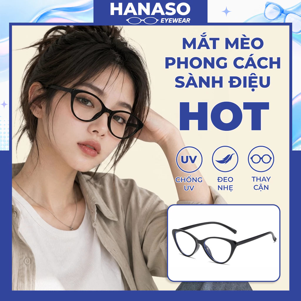 Gọng kính cận nữ mắt mèo nhựa dẻo nhiều màu sắc thời trang Hàn Quốc đi chơi kỷ yếu đẹp HANASO 094