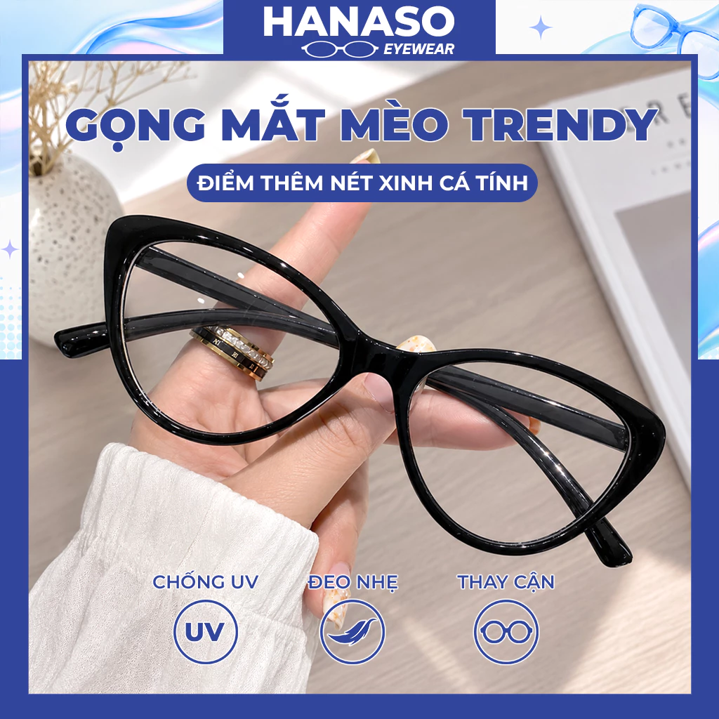 Kính mắt mèo nữ,mắt kính không độ thời trang phong cách Ulzzang siêu cá tính có thể lắp tròng cận HANASO 094