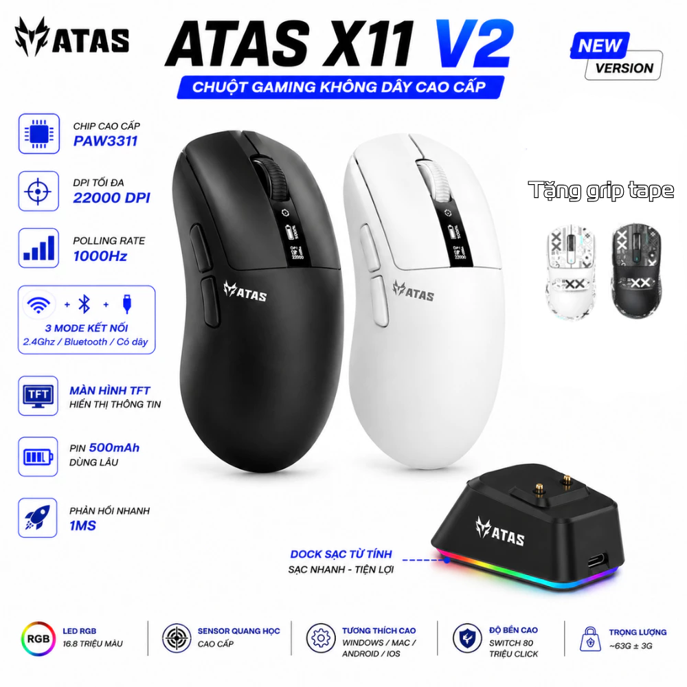 Chuột gaming không dây ATAS X11 - 3 mode - Mắt đọc PAW3311 -  Hỗ trợ App macro - Dock sạc - Màn hình TFT - DPI 24000