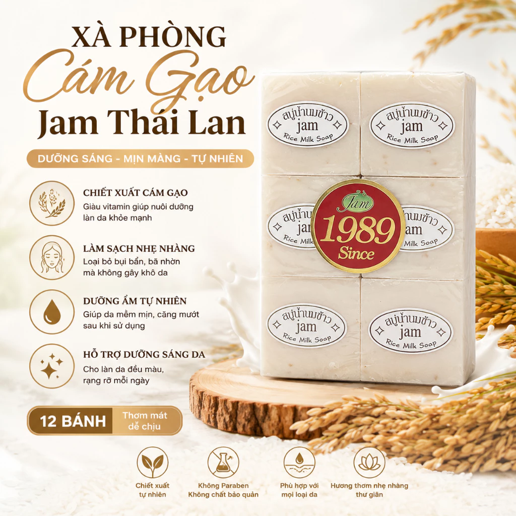 Combo 12 Bánh Xà Phòng Cám Gạo Thái Lan JAM RICE MILK SOAP Chính Hãng Dưỡng Sáng Da Làm Sạch Dịu Nhẹ