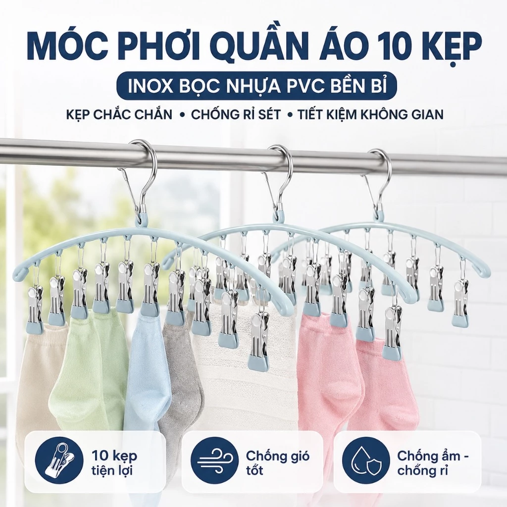 Móc Phơi Quần Áo Có 10 Móc Kẹp MQ-02 Móc Treo Quần Áo Có Kẹp Phơi Quần Áo, Tât Vớ, Đồ Lót, Phơi Đồ Cho Bé Phủ Nhựa PVC M