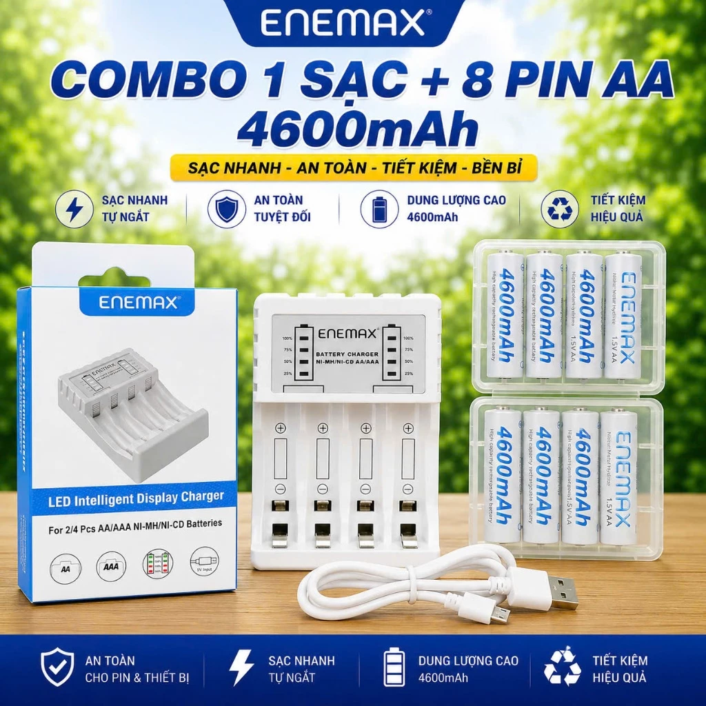 COMBO 1 SẠC + 8 Pin Sạc Enemax AA 4600mAh Chính Hãng, Pin tái sử dụng , dùng cho mic hát karaoke, đồ chơi, máy cạo râu