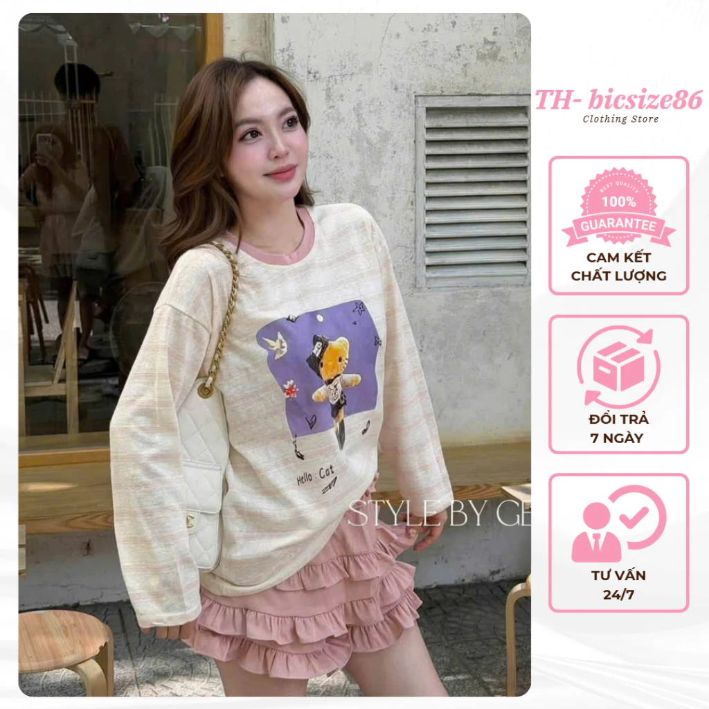 Áo thun dài tay giấy kẻ ngang màu pastel nhẹ nhàng in hình mèo hello kitty form dưới 60kg