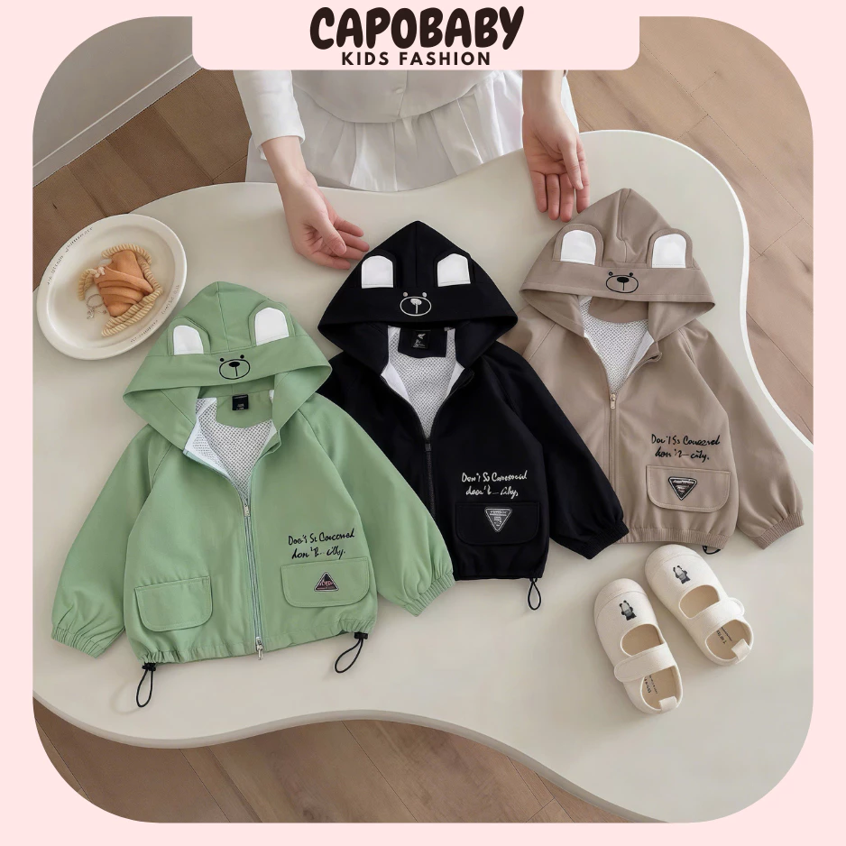 Áo Khoác Gió Bé Trai Có Mũ Tai Gấu Cao Cấp, Thiết Kế Dáng Đẹp, Mỏng Nhẹ Thoáng Mát, Chống Gió, Mặc Cực Xinh [AL08]
