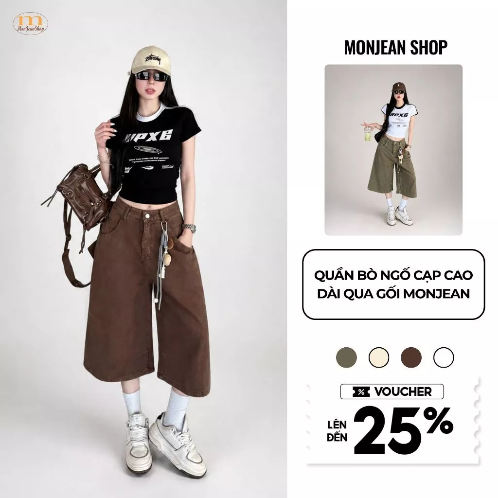 Quần Jean Ngố Lửng Nữ Bigsize 55-90kg Ống Rộng - Quần Bò Ngố Cạp Cao Dài Qua Gối MONJEANSHOP MS65