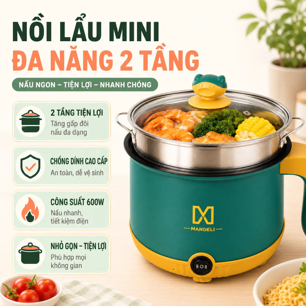 Nồi lẩu mini đa năng, ca nấu mì 2 tầng tặng giá hấp nướng, luộc, chiên chống dính