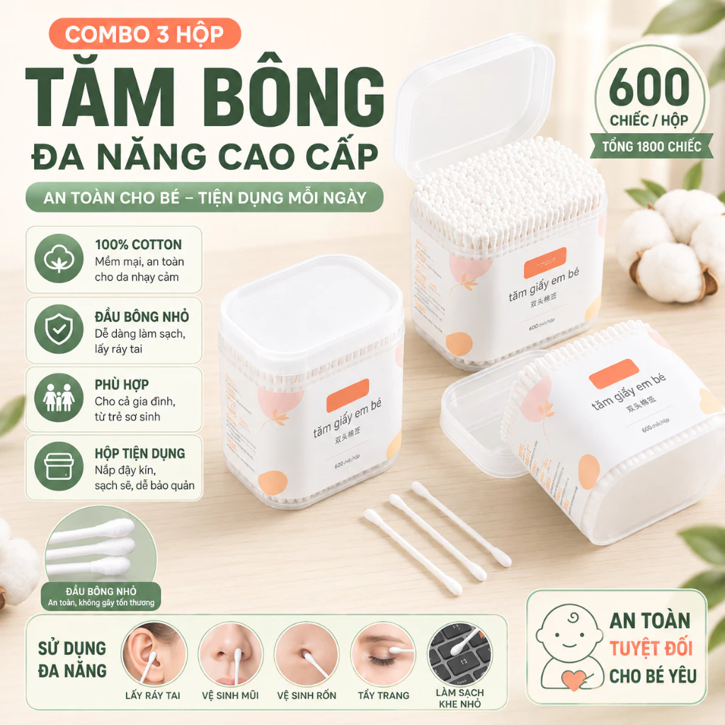 Combo 3 Hộp (600 chiếc) Tăm Bông Đa Năng Cao Cấp An Toàn Cho Bé Tiện Dụng - Lấy Ráy Tai
