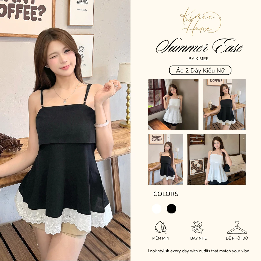 Áo 2 Dây Nữ Babydoll Bèo Tầng Dáng Xòe Phối Gấu Ren Nữ Tính Kimee - KA957