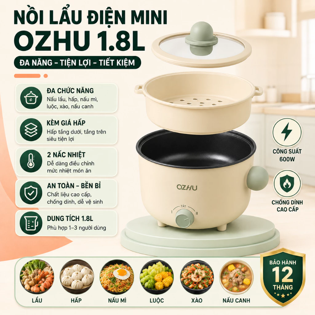 Nồi Lẩu Điện mini OZHU Đa Năng 2 Nấc Nhiệt Kèm Giá Hấp 18cm Dung Tích 1,8L -TT79