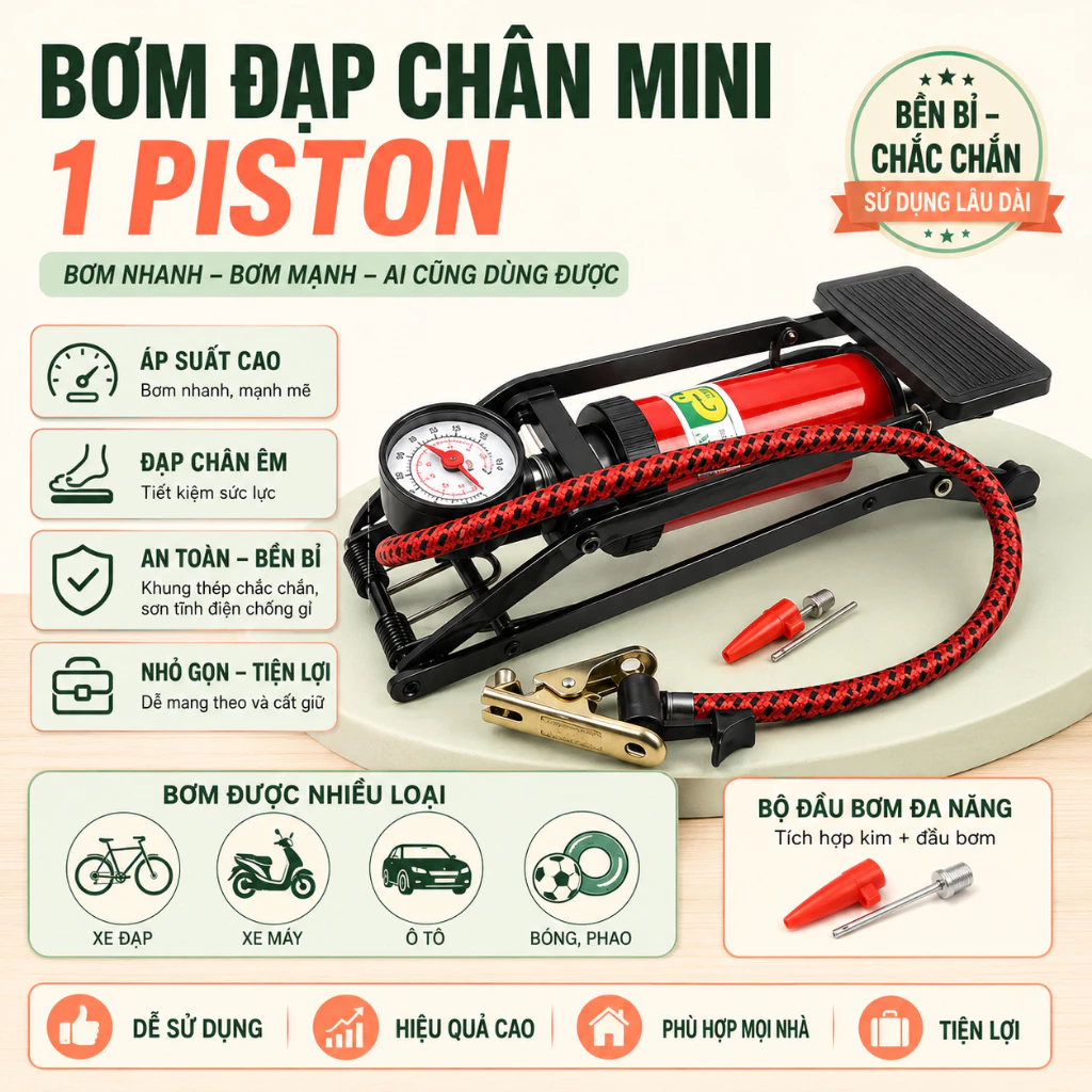 Bơm Đạp Chân Mini 1 Piston Bơm Xe Đạp, Xe Máy, Ô Tô, Bơm Phao,Bóng Tiện Lợi An Toàn