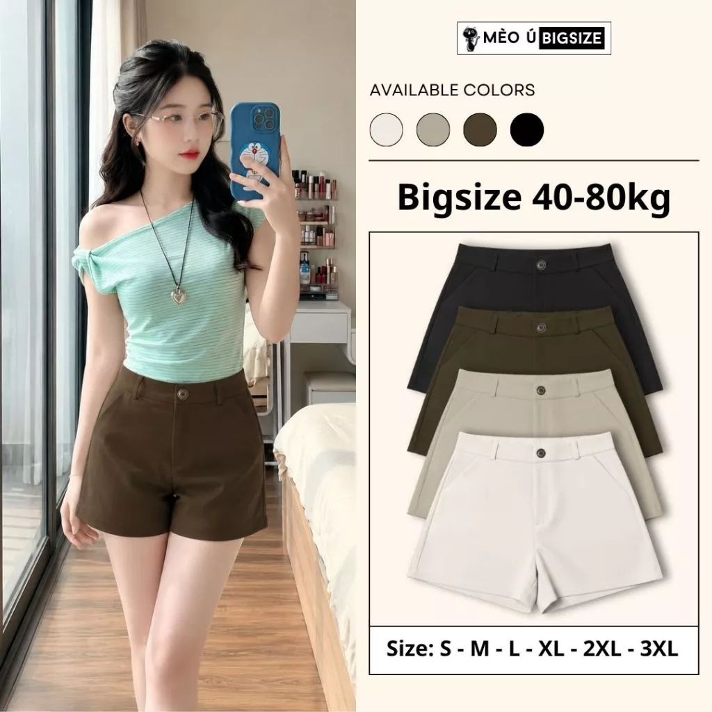 Quần short kaki nữ BIGSIZE Mèo Ú quần cạp cao dáng suông ống rộng tôn dáng dễ phối đồ phong cách Hàn Quốc 682