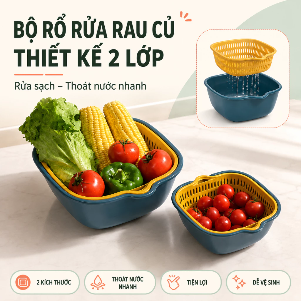 Set 6 món rố nhựa đa năng kèm chậu ( 3 rổ và 3 chậu ) thau nhựa rửa rau củ quả trái cậy 2 lớp hình tròn chất liệu nhựa P
