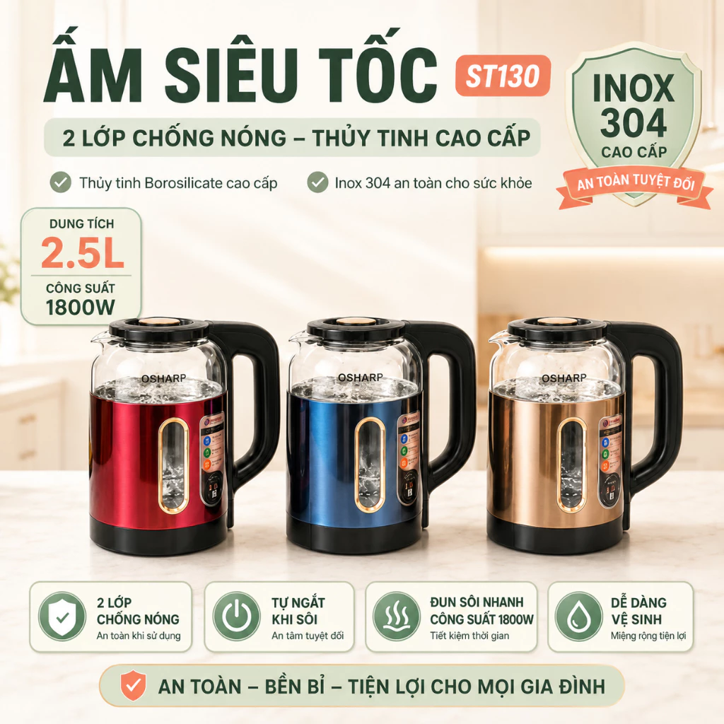 Ấm Siêu Tốc 2 lớp chống nóng thủy tinh ST130 Tự Ngăt Khi Sôi 2.5L 1800W, Ấm Đun Nước Siêu Tốc Inox 304 Thủy tinh