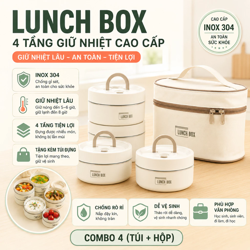 Hộp cơm giữ nhiệt văn phòng Lunch Box 4 Tầng Cao Cấp Inox 304 Chống Gỉ Và Giữ Nhiệt Tặng Kèm Túi Đựng
