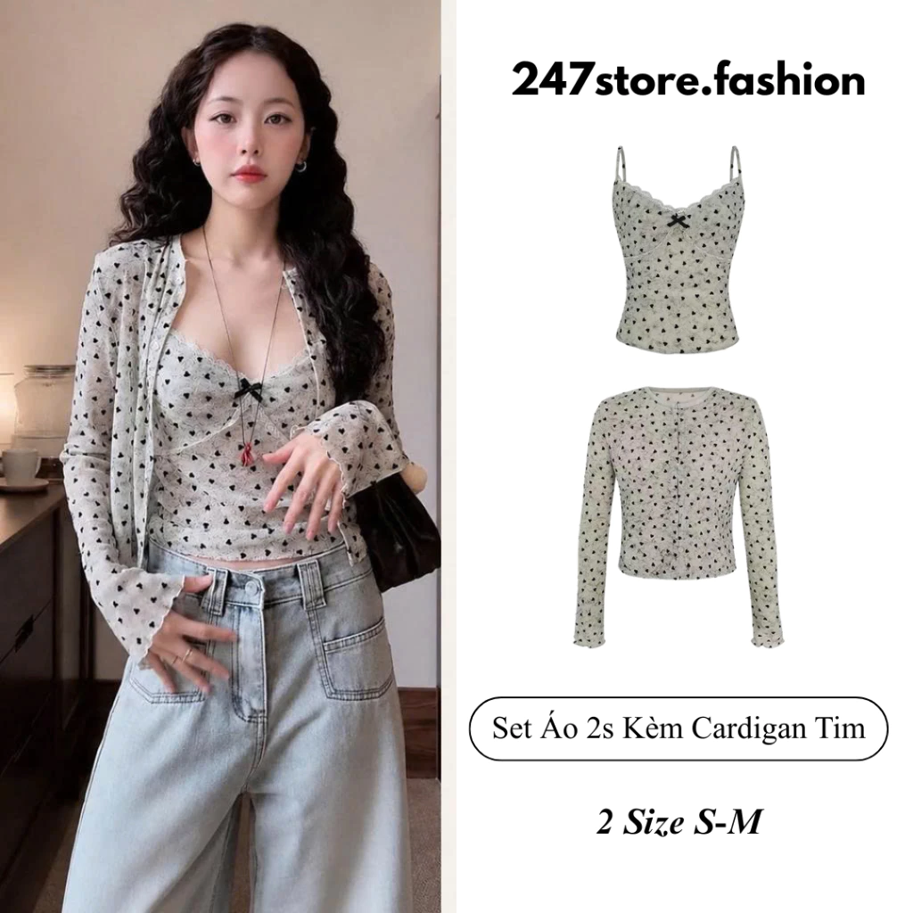 Set 2 Món Áo 2s Dây Kèm Cardigan Tim Nữ Phối Ren Nơ, Set Áo Nữ 2 Món Mỏng Mềm Co Dãn 4 Chiều Set1839 247store