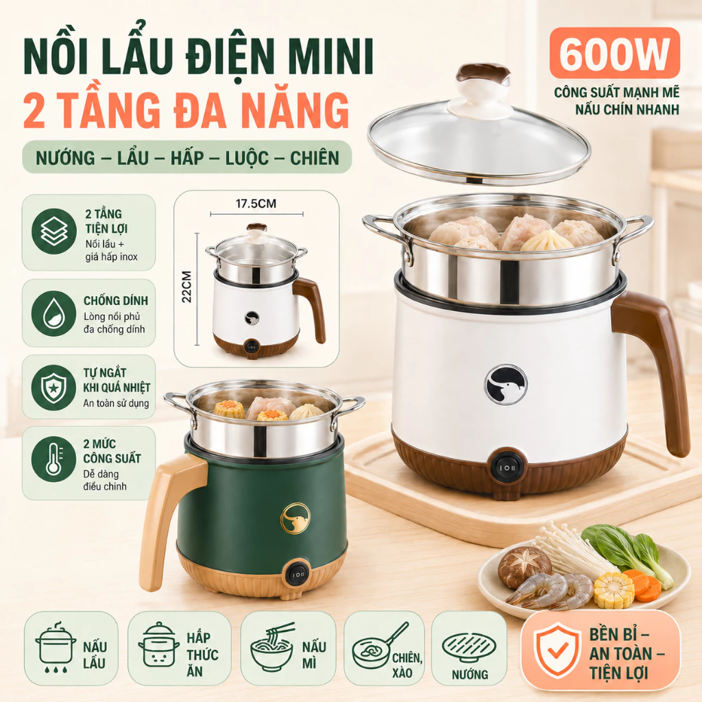 Nồi Lẩu Điện Mini Nấu Mì 2 Tầng Kèm Giá Hấp Đa Năng Nướng, Luộc, Chiên Chống Dính Vấn Đá Tiện Lợi Nồi Điện