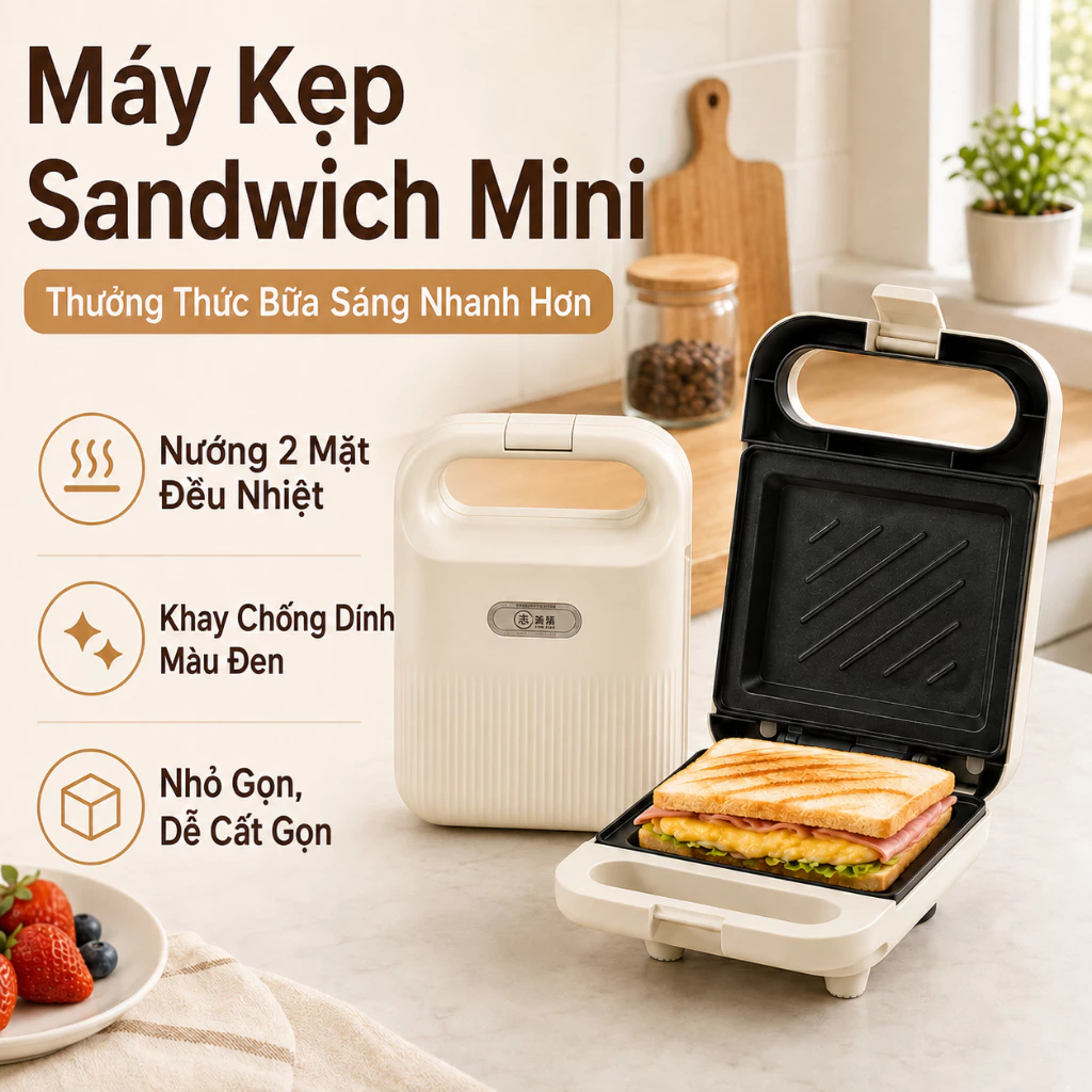 Máy Kẹp Sandwich Mini Đa Năng Chống Dính Nướng 2 Mặt, Làm Bánh Mì, Trứng, Thịt Nhanh Gọn Cho Bữa Sáng