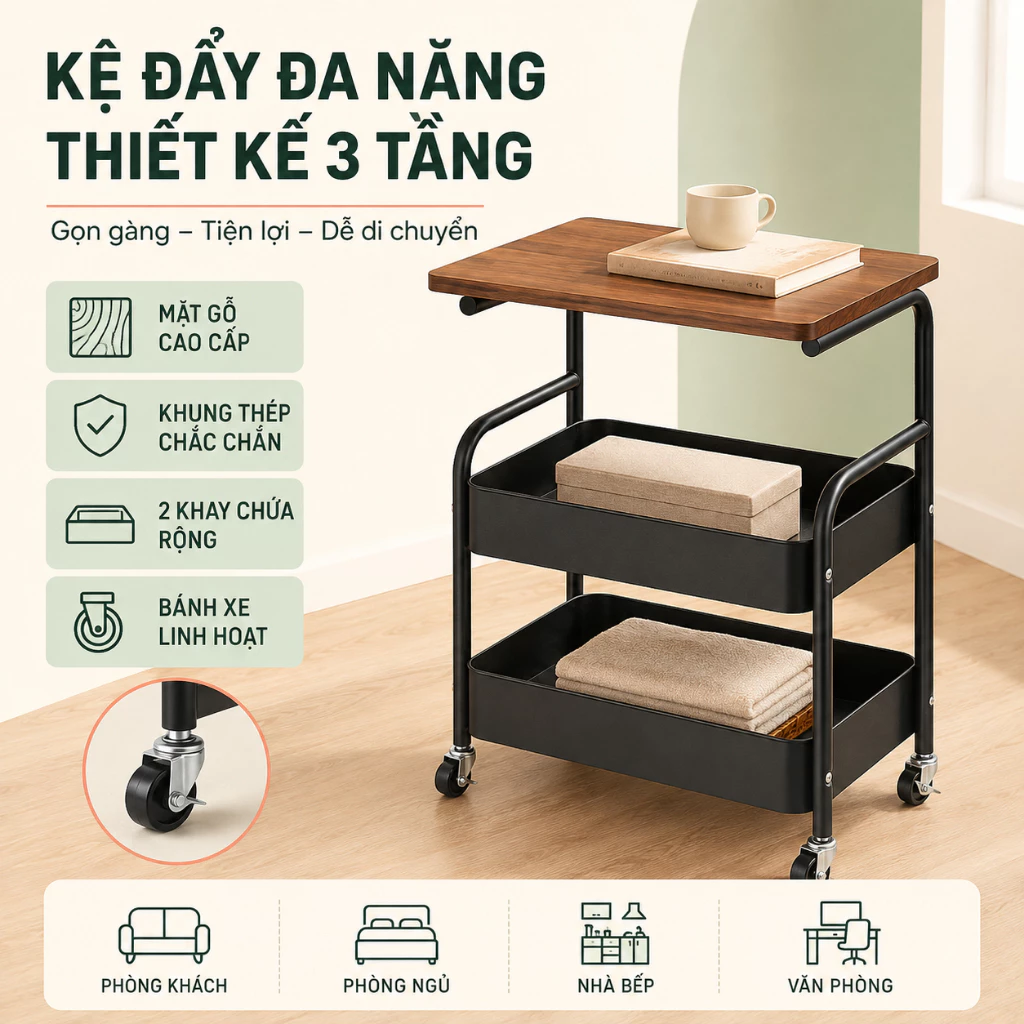 (Loại 1) Kệ 3 tầng có bánh xe bằng kim loại, mặt bàn gô MDF, khóa được A1