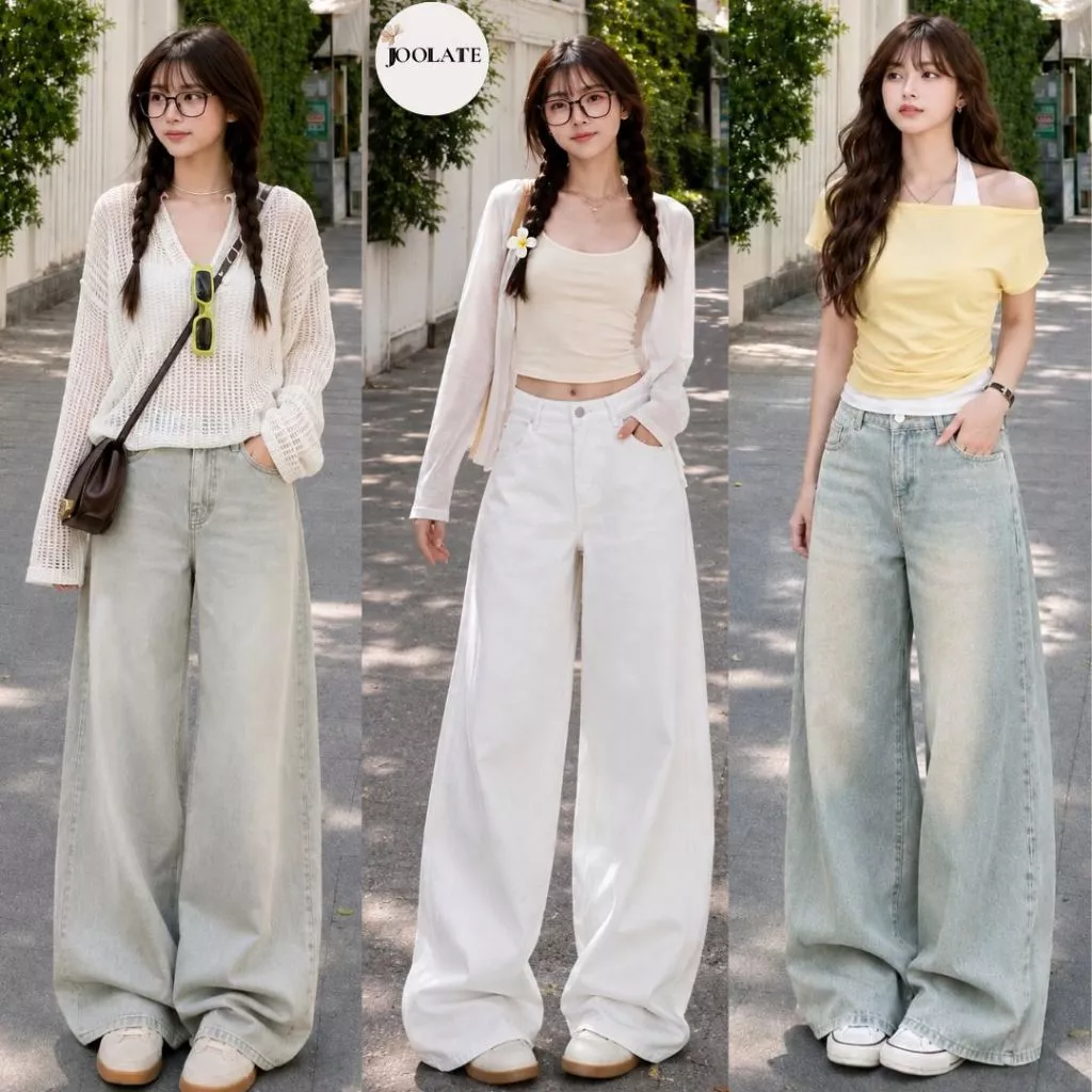 Quần Jeans Nữ Màu Trắng Ống Rộng Loe Form Rộng Dài 103cm Chùm Phủ Chân Cạp Cao Tôn Dáng Joolate