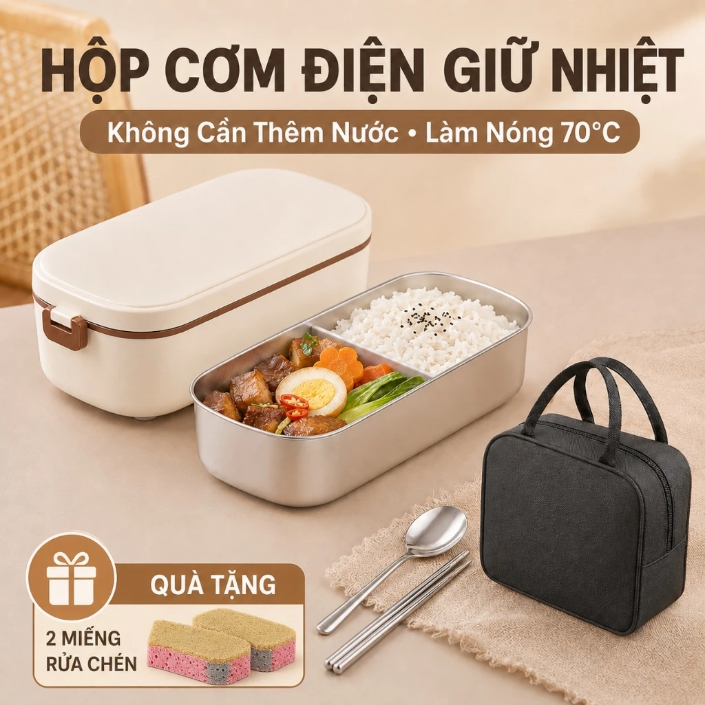 Hộp Cơm Cắm Điện ONR 900ml Inox 304, Hâm Nóng Không Cần Nước, Chống Tràn Cho Văn Phòng