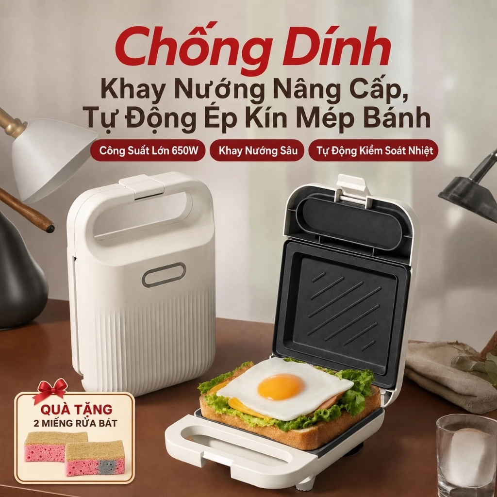 ONR-Máy Nướng Bánh Mì Sandwich 650W, Máy Kẹp Bánh Đa Năng Hai Mặt Chống Dính, Tiện Lợi