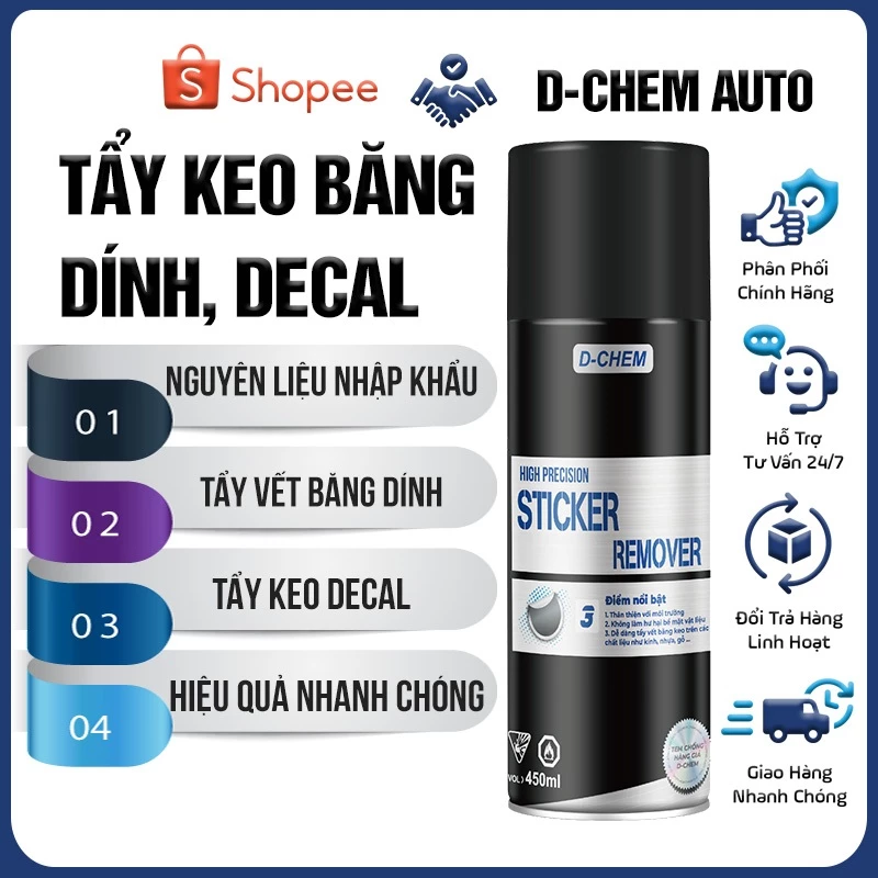 Chai Xịt Làm Sạch Vết Keo Băng Dính D-Chem 450ml Sticker Remover Dùng Trên Ô Tô, Kính, Nhựa, Nội Thất