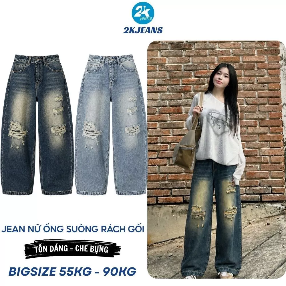 [DEAL SỐC] Quần Jean Nữ Bigsize QC630 QC646 Ống Suông Rách Gối Wash Bụi 55-90kg 2KJEANS