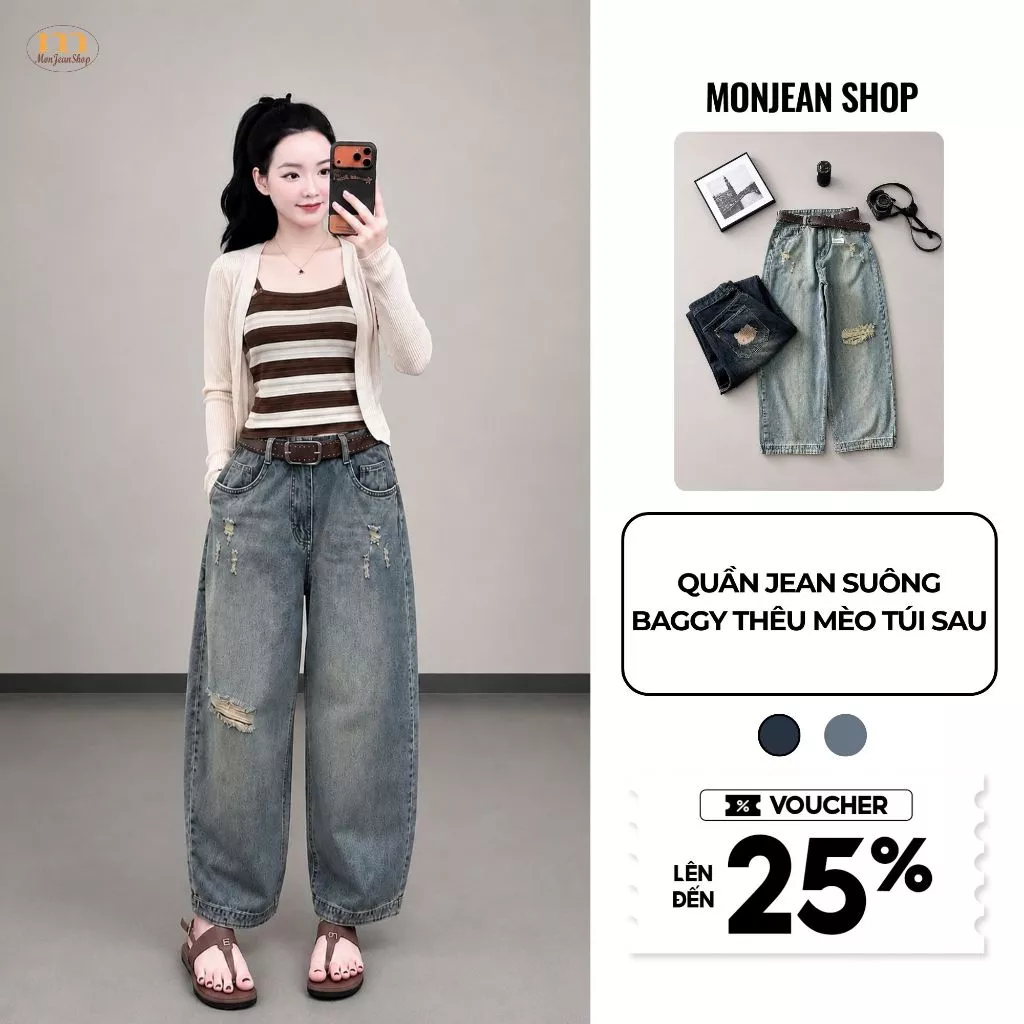 Quần Jean Nữ Ống Suông Form Boy Thụng Rộng Thêu Mèo Túi Sau Dáng Baggy Bigsize 55kg-90kg Quần Bò Nữ MS629