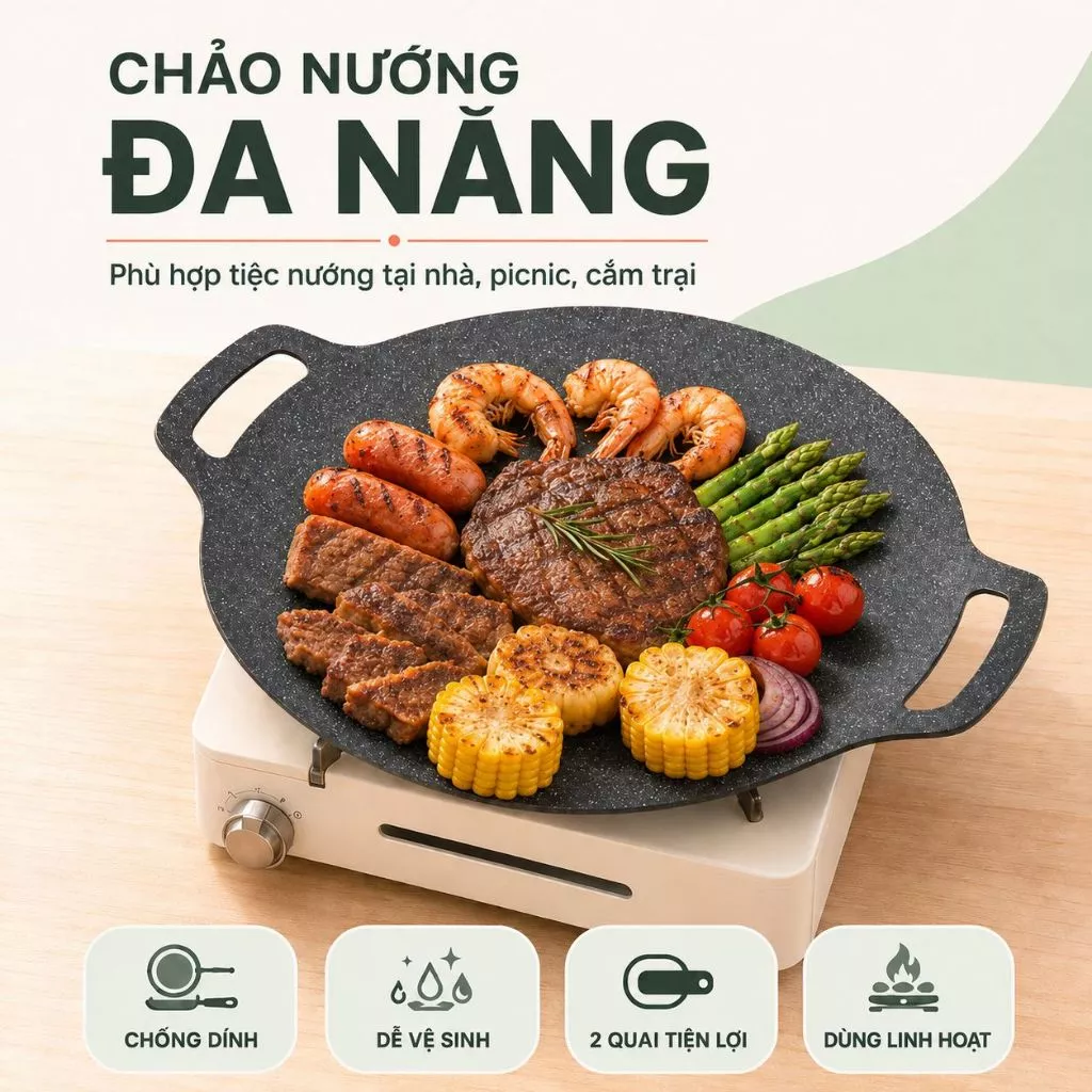 Chảo Đá Nướng Không Dầu Hàn Quốc Size 34cm, Chảo Nướng Đa Năng Chống Dính Chống Gỉ Cao Cấp Tiện Lợi