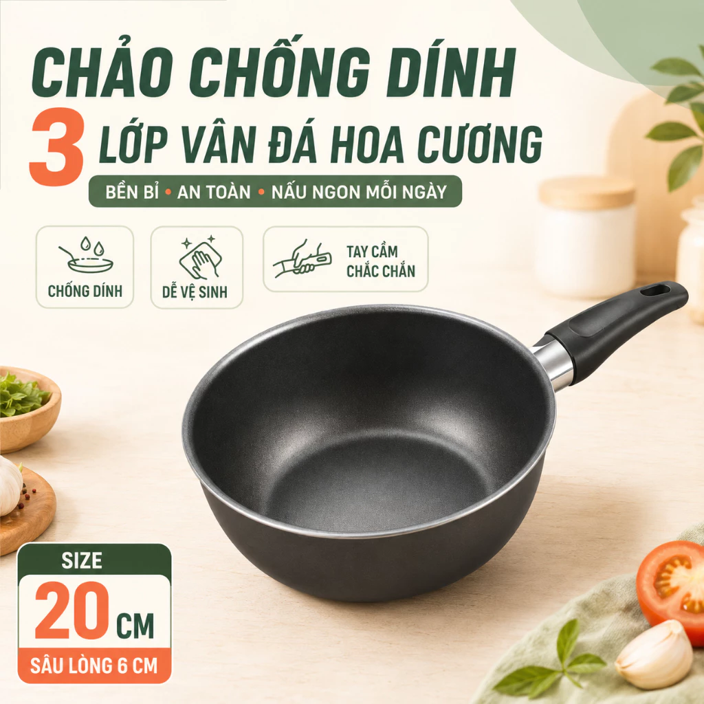 Chảo chống dính 3 lớp 20cm sâu lòng cao cấp loại 1 TT79 - Tay cầm chắc chắn