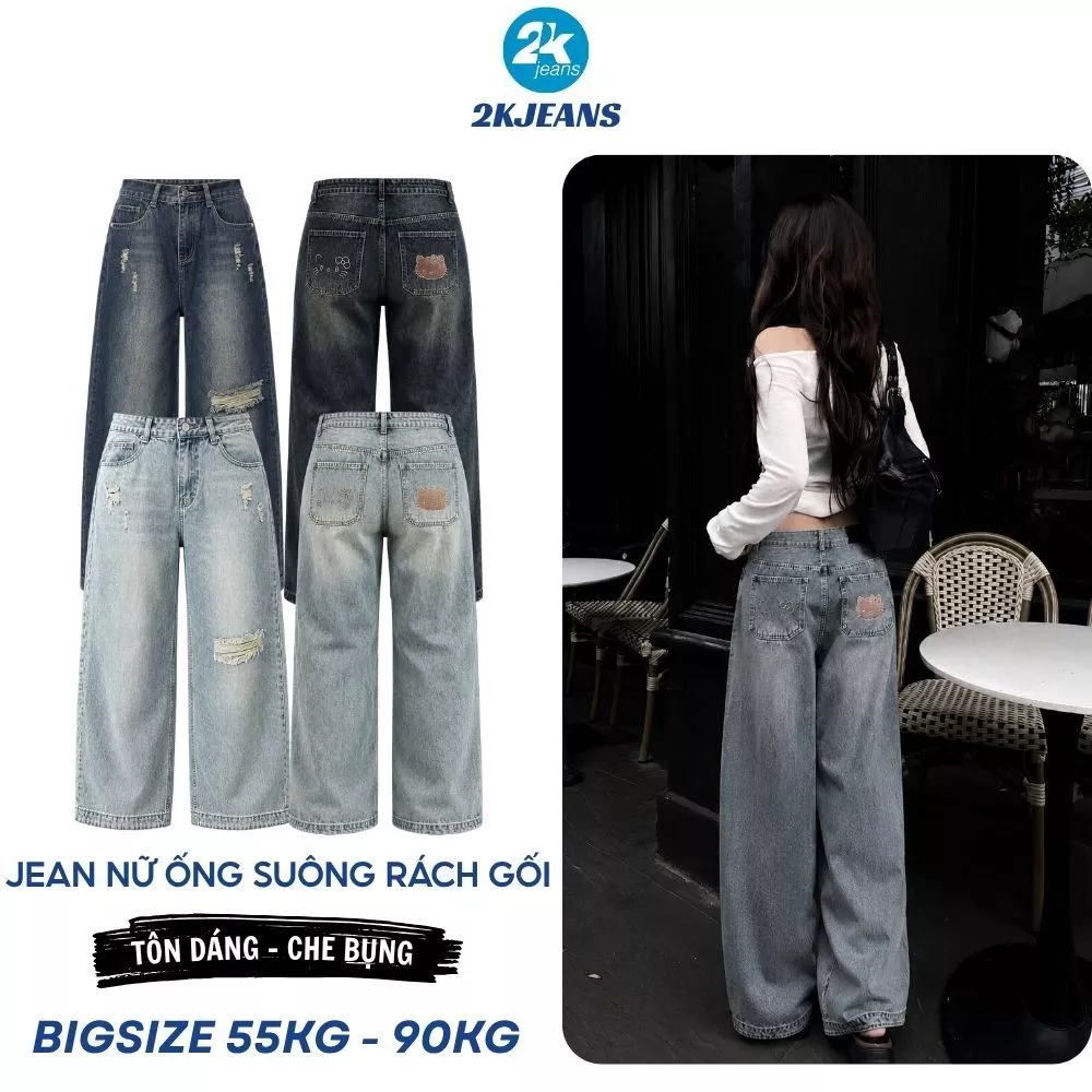 [DEAL SỐC] Quần Jean Nữ Bigsize QC629 Ống Suông Rách Gối Thêu Mèo Túi Sau 55-90kg 2KJEANS