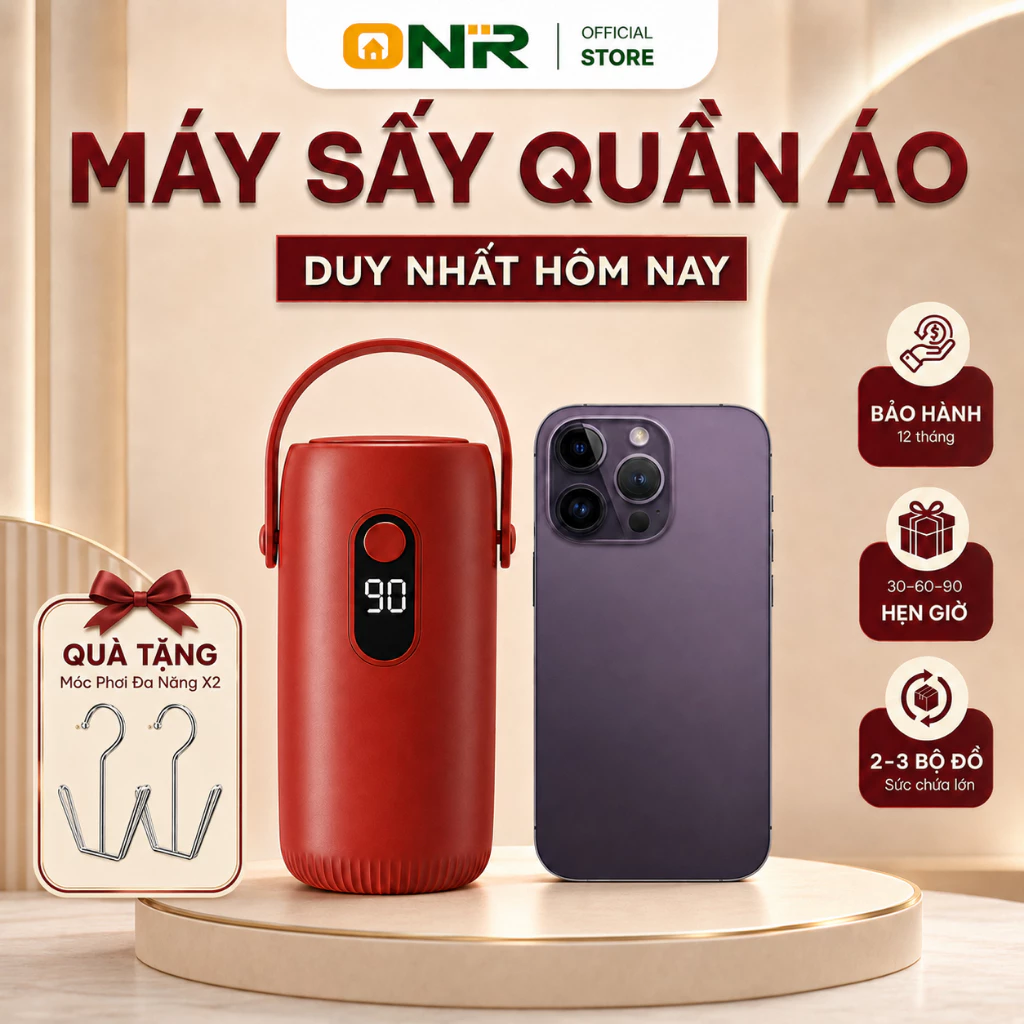 Máy Sấy Quần Áo Mini Cầm Tay, ONR, 3 Mức Hẹn Giờ, Khử Mùi, Gấp Gọn Cho Du Lịch