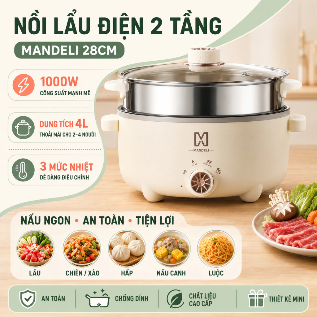 Nồi Lẩu Điện Mini Mandeli 28cm Dung Tích 4L
