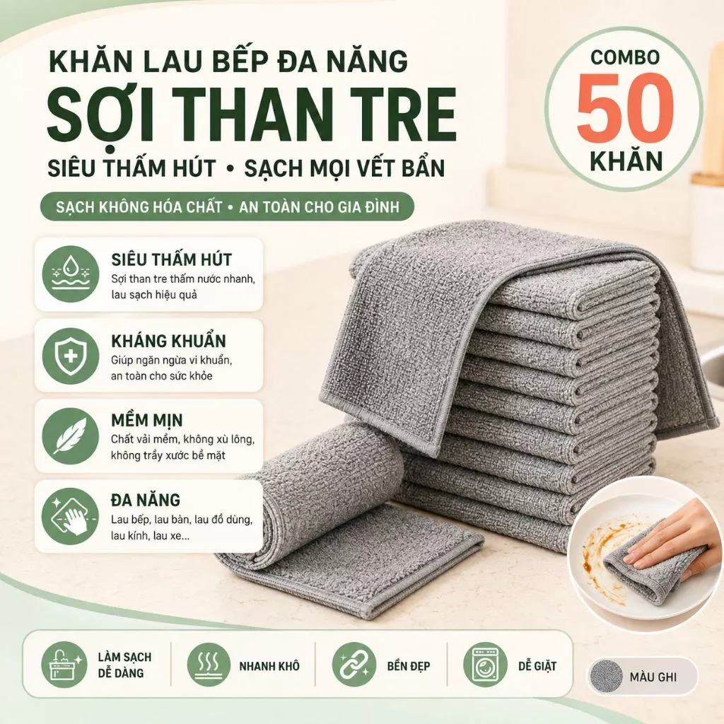 Combo 50 Khăn Lau Bếp Đa Năng Màu Ghi 2 Mặt Sợi Than Tre Siêu Thấm Hút Làm Sạch