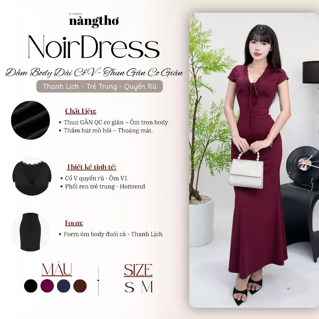 407 Đầm Body Nữ Dài Cổ V Phối Ren Tay Ngắn Đuôi Cá Tôn Dáng Thun Gân Co Giãn