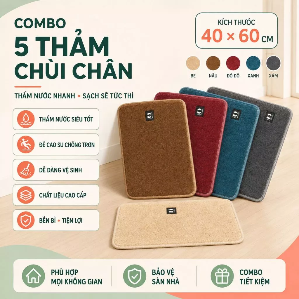 Combo 5 Tấm Thảm Lau Chân Nỉ Thấm Nước Cao Su Chống Trơn Trượt Kt 40x60cm