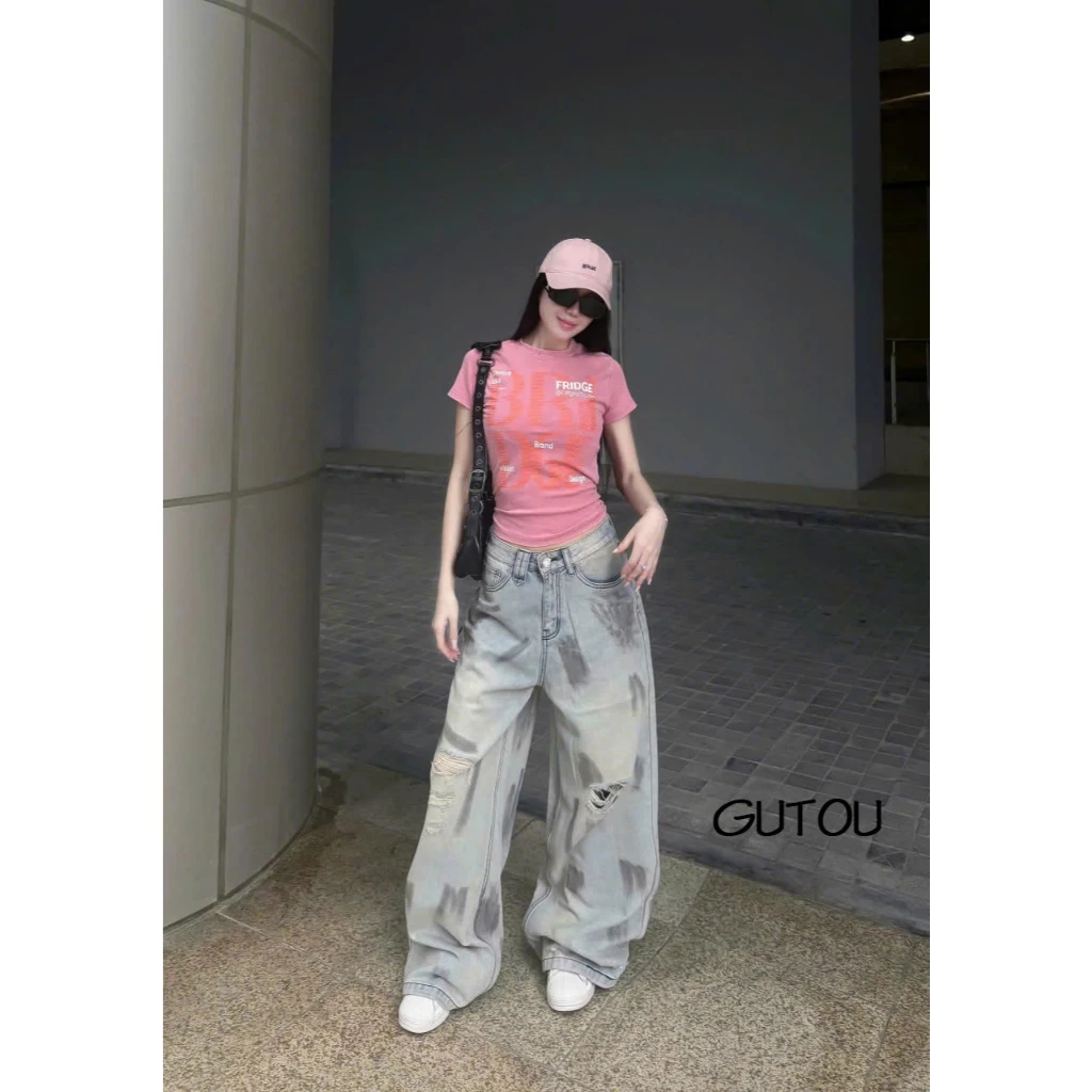 GUTOU - Quần Jean Ống Rộng Nữ Cạp Cao, Quần Bò Ống Suông Wash Vệt Xám Rách Gối Street Style G296