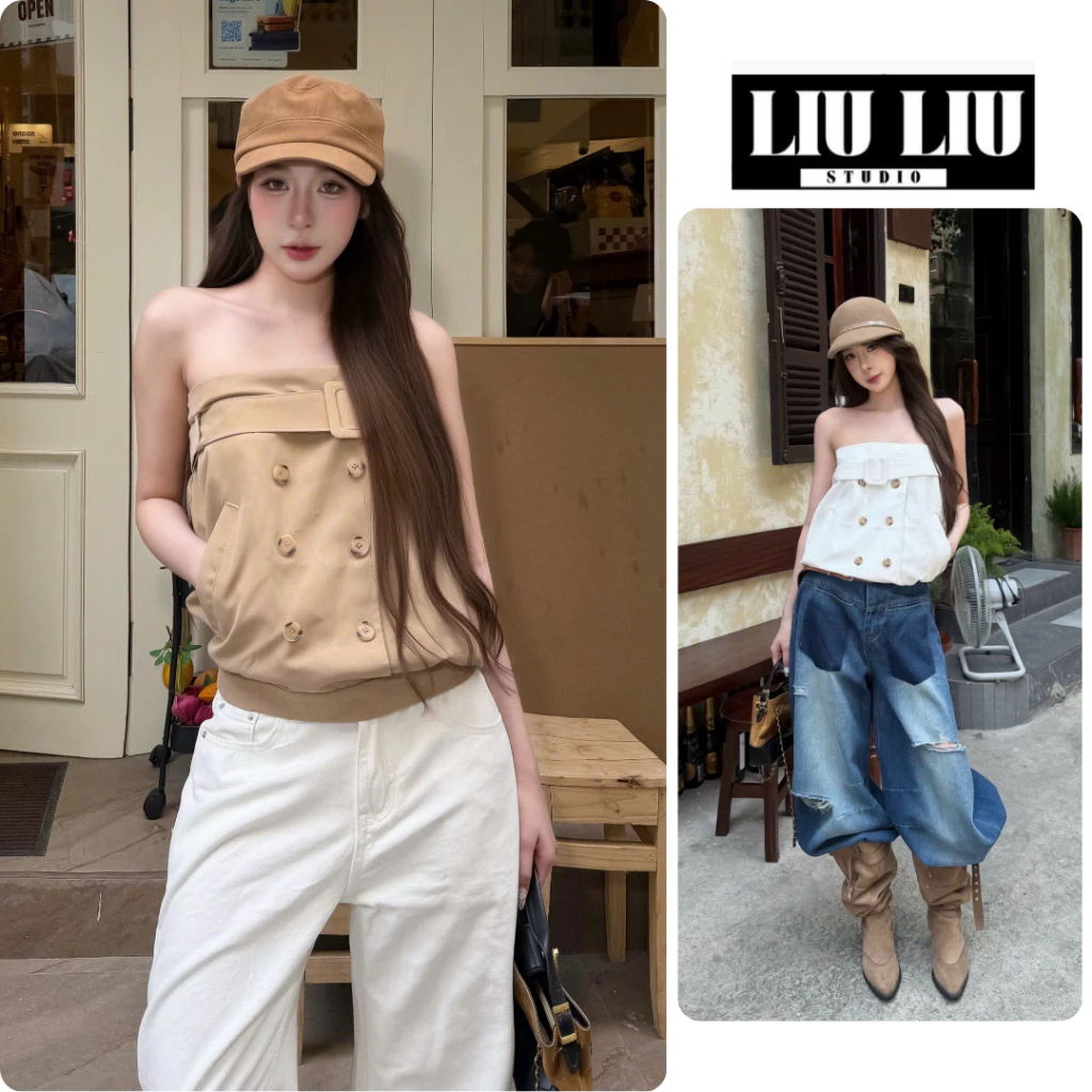 LIULIU STUDIO Áo quây kaki nữ đai bản lớn khóa vuông cúc đôi, áo ống ôm eo phong cách y2k casual chic L52
