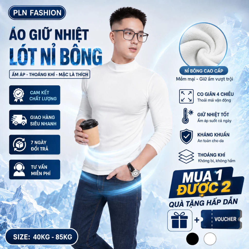 Áo giữ nhiệt nam cổ cao lót nỉ bông màu trắng kiểu dáng thể thao, áo thun dài tay chất nỉ co giãn 4 chiều PLN fashion