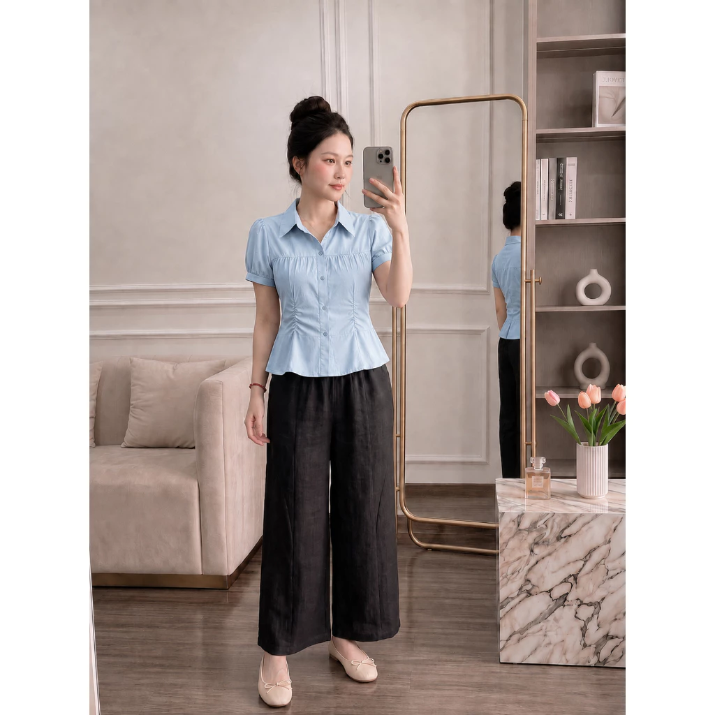 áo sơ mi cách điệu phối chiết eo, cộc tay thích hợp mặc đi làm đi chơi B1