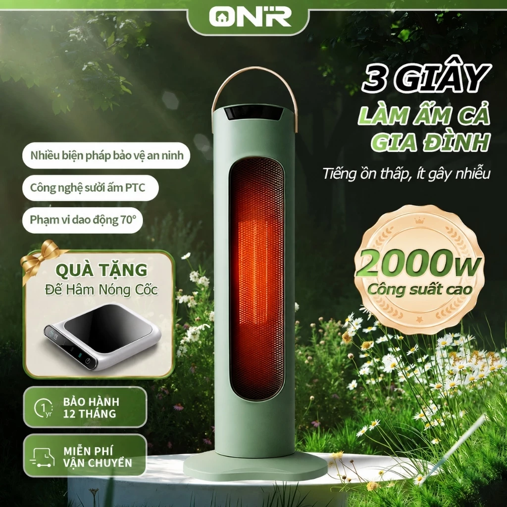 ONR-Quạt Sưởi Đứng 2000W, Cảm Ứng + Điều Khiển Từ Xa, Điều Chỉnh Nhiệt Độ + Tự Động Xoay 90°