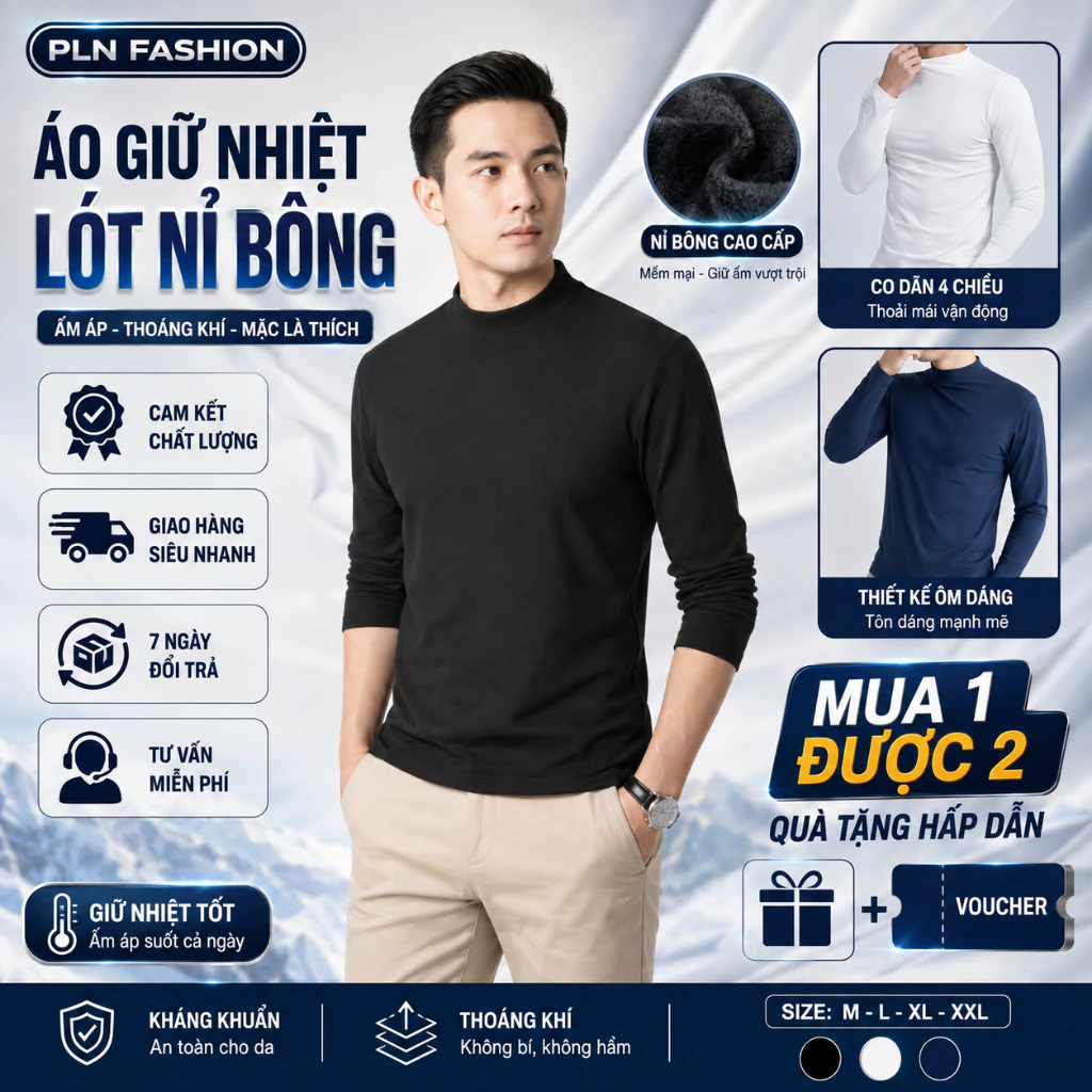 Áo giữ nhiệt nam cổ cao chất nỉ bông phong cách thể thao, áo dài tay thu đông nam PLN fashion