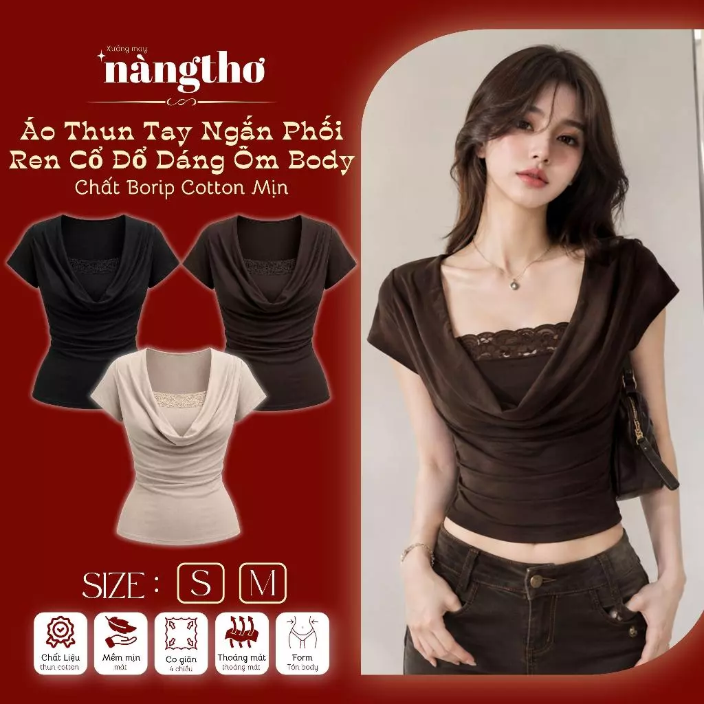 414 Áo Thun Nữ Cổ Đổ Phối Ren Ôm Body Tay Ngắn Tôn Dáng Co Giãn Borip Cotton Mịn