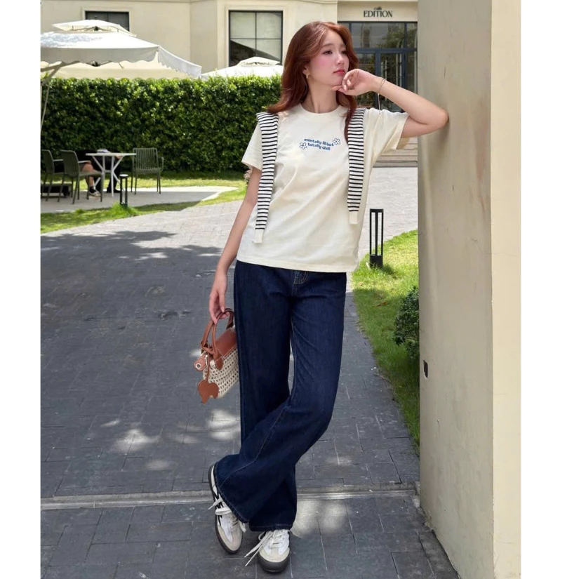 Quần Jean Ống Rộng Rede LD-03A Denim Không Co Giãn, Lưng Cao Ống Rộng Vừa, Màu Xanh Đậm Trơn