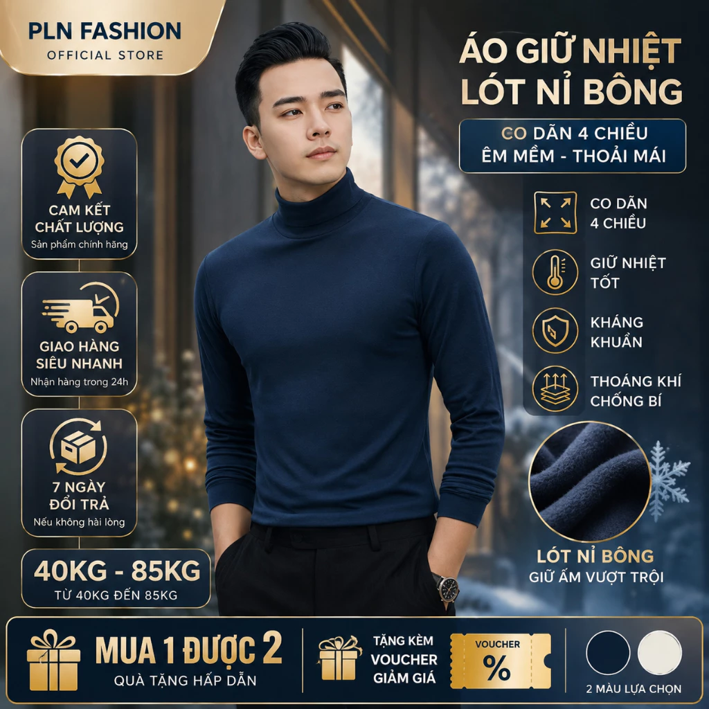 Áo giữ nhiệt nam cotton lót nỉ bông xanh than cổ cao, áo thu đông nam chất vải co giãn 4 chiều