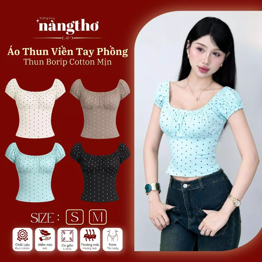 235 [HÀNG MỚI][2 KIỂU MẶC] Áo Thun Viền Tay Phồng Cổ U/Bẹt Vai Ôm Body Chất Thun Borip Cotton