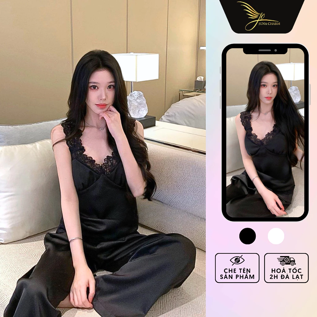 Bộ Ngủ 2 Dây Quần Dài, Đồ Mặc Nhà JUNA Freesize Thời Trang Đồ Ngủ Dành Cho Nữ Chất Lụa Phối Ren Cao Cấp, Màu Đen/SPT8509