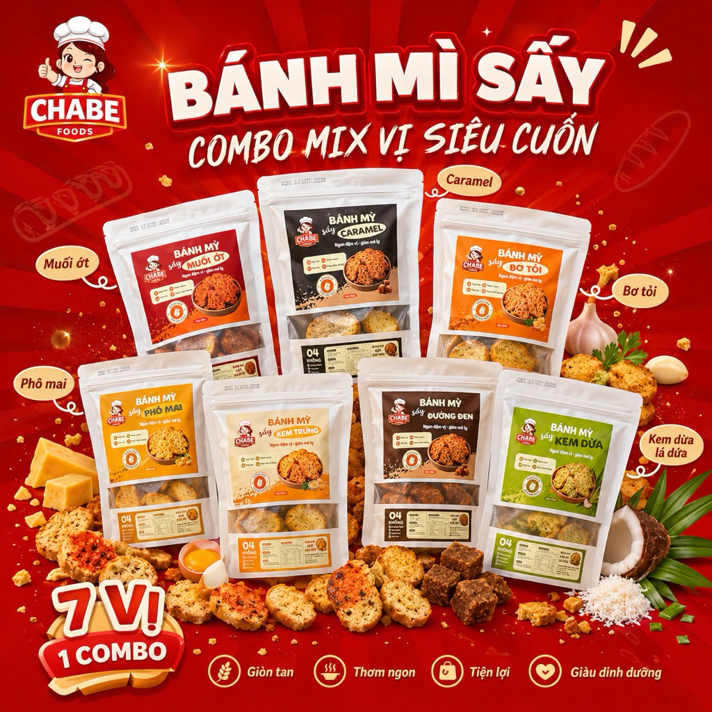 [HOẢ TỐC HN]Combo Bánh Mỳ Sấy CHABE FOODS Mix Vị Siêu Ngon, Giòn Rụm, Ăn Vặt, Trà Chiều